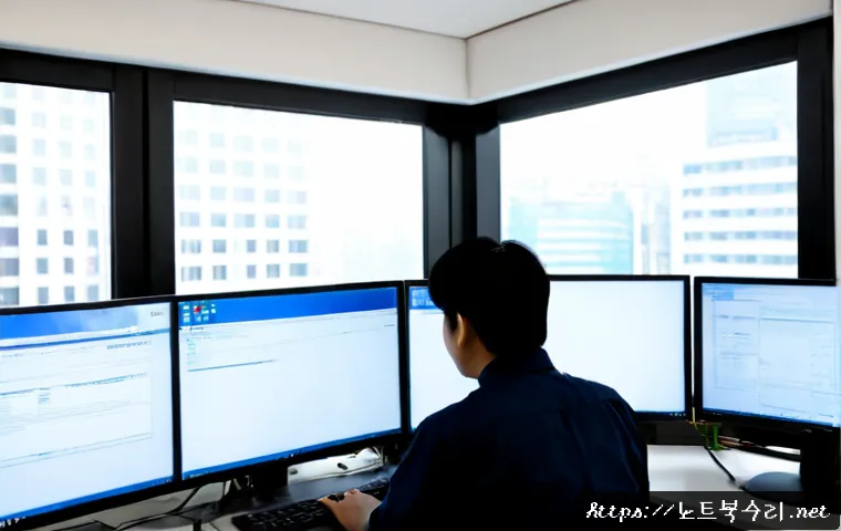 서소문동 UNEXPECTED_KERNEL_MODE_TRAP - Photorealistic IT support workstation in a compact central Seoul office, dual monitors showing a bla...