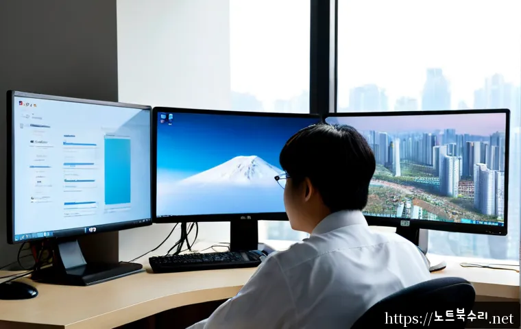 평촌동 STATUS_SYSTEM_FILE_MISSING - Photorealistic IT support workstation in a modern Pyeongchon apartment-office, dual blank monitors s...