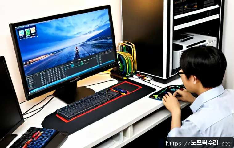 동본동 그래픽카드조립 및 교체수리 - Photorealistic PC repair workstation in a compact Dongbon-dong apartment office, technician carefull...