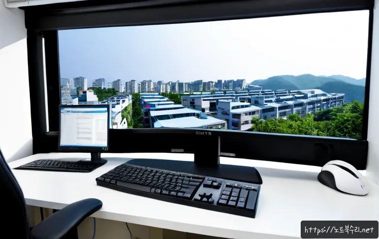 복정동 POOL_CORRUPTION_IN_FILE_AREA - Photorealistic IT support workstation in a Bokjeong-dong office, dual monitors showing a generic sto...