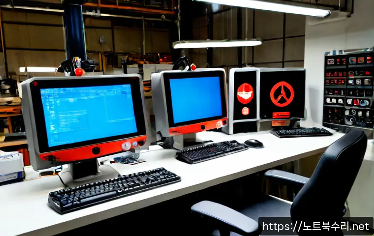 을지로 STATUS_PROTECTION_ERROR - Photorealistic industrial design workstation in Euljiro, Seoul, dual monitors displaying a blank CAD...