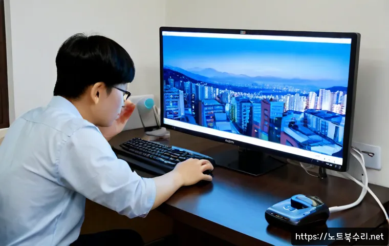 청학동 pc에 문제가 발생하여 다시 시작해야 합니다 - Photorealistic remote-support scene in a compact Cheonghak-dong apartment workspace, a desktop monit...