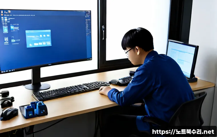 대현동 STATUS_KERNEL_INIT_FAILURE - Photorealistic remote-support workstation in a compact Daehyeon-dong office, dual monitors showing a...
