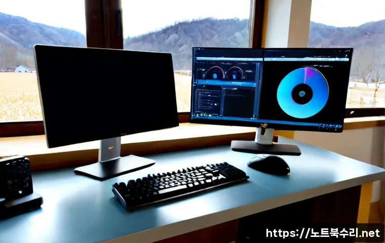 강천면 STATUS_INVALID_DISPOSITION - Photorealistic remote-support workstation in a quiet rural Korean home office, dual monitors showing...