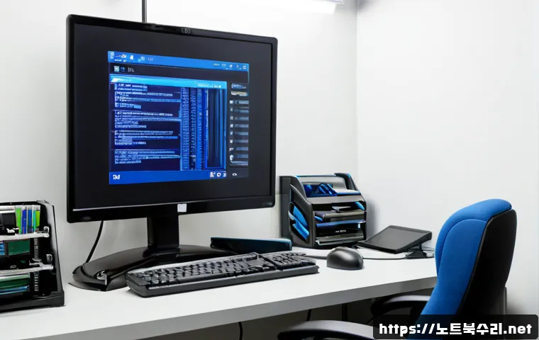 상대원동 UNMOUNTABLE_BOOT_VOLUME - Photorealistic IT support workstation in a compact industrial office near a Korean manufacturing dis...