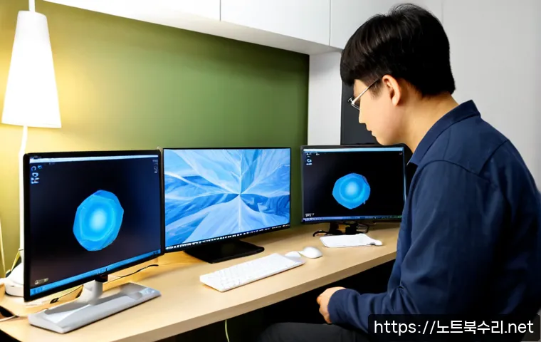 도화동 STATUS_KERNEL_THREAD_INTERRUPTED - Photorealistic remote-support workstation in a compact Dohwa-dong office, dual monitors showing a fr...