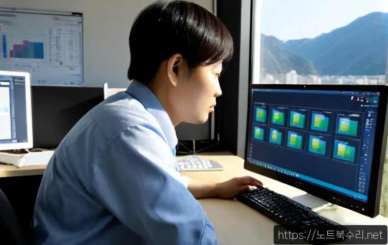 오학동 STATUS_DISK_READ_FAILURE - Photorealistic IT support workstation in a quiet Korean riverside neighborhood office, technician ex...
