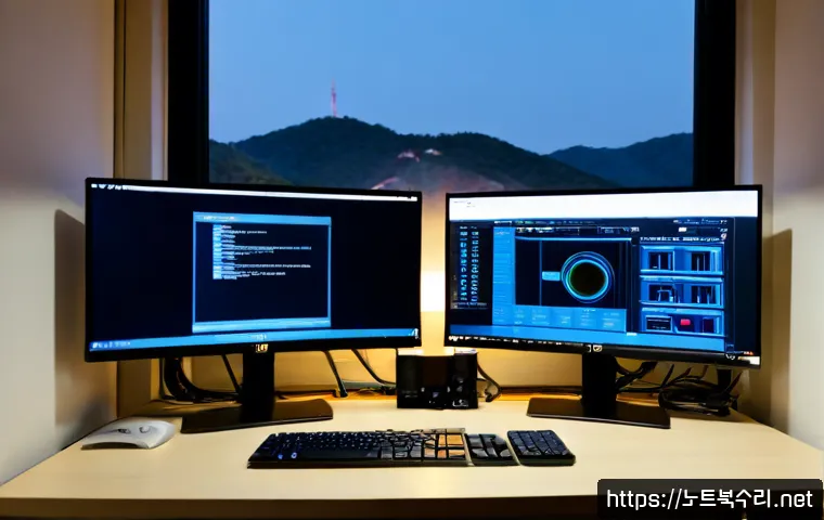 아현동 DRIVER_IRQL_NOT_LESS_OR_EQUAL - Photorealistic IT support workstation in a compact Ahyeon-dong apartment office, dual monitors showi...