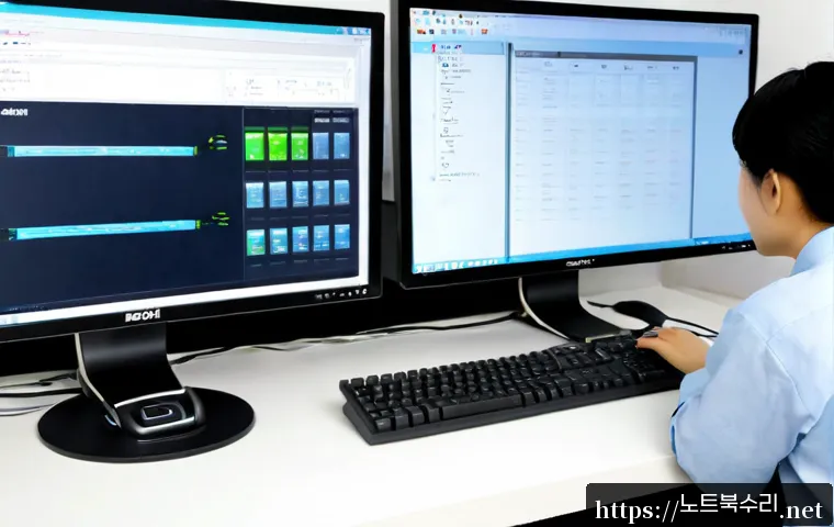 봉담읍 STATUS_INVALID_DISPOSITION - Photorealistic IT support workstation in a quiet suburban Korean township office, dual monitors show...