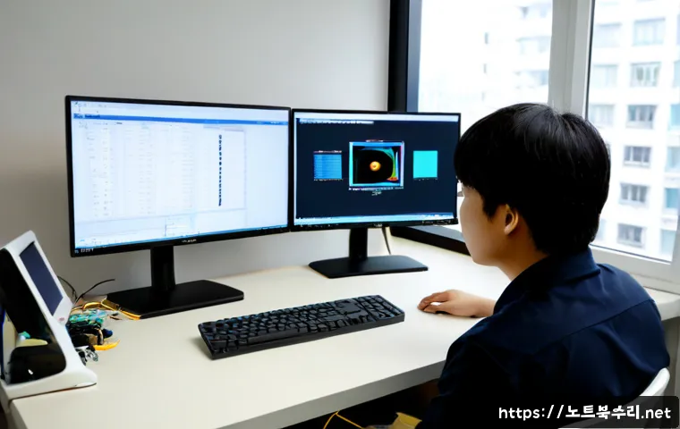 원곡동 STATUS_KERNEL_MODE_EXCEPTION - Photorealistic IT support workstation in a compact Wongok-dong office, dual monitors showing a non-b...