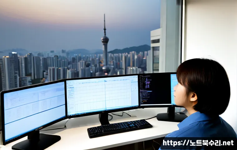 이문동 SESSION_HAS_NO_PAGEFILE - Photorealistic IT support workstation in a compact Imun-dong apartment office, dual monitors showing...