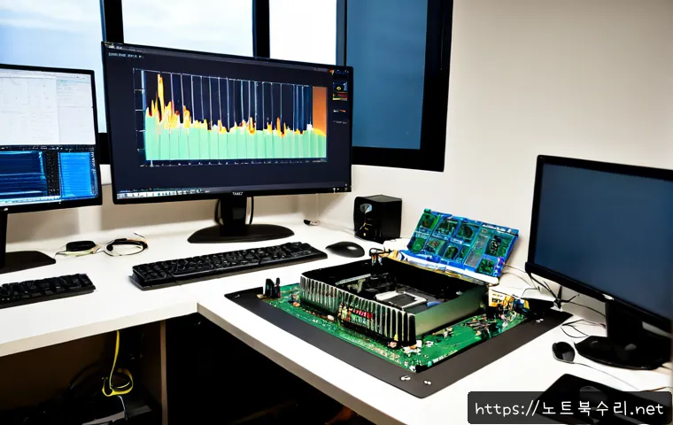 창우동 오버클럭 뚜따 - Photorealistic remote workstation scene in a compact Changwoo-dong apartment office, technician care...