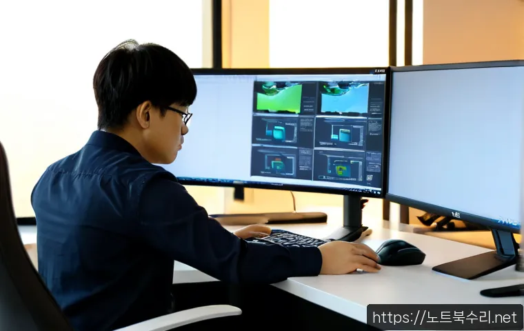 갈산동 STATUS_IMAGE_ACCESS_DENIED - Photorealistic IT support workstation in a compact Galsan-dong office, frustrated designer viewing a...