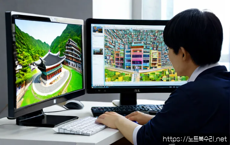 향동동 STATUS_IMAGE_CORRUPTION - Photorealistic modern workstation in a quiet new-town apartment near Hyangdong-dong, dual monitors s...