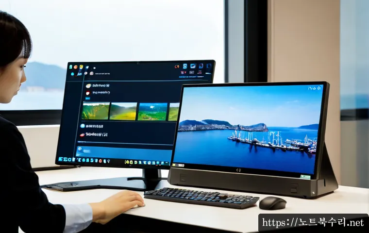 마산동 STATUS_MODULE_ACCESS_DENIED - Photorealistic remote-support workstation in a compact modern office, technician viewing a software ...