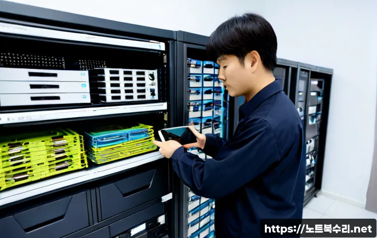 성남동 파일서버출장방문수리점 - Photorealistic on-site file server repair in a compact Seongnam-dong office, technician reseating en...