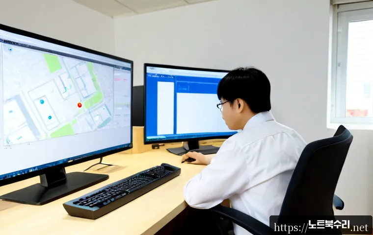 북수동 신호없음 - Photorealistic remote-support workstation in a compact Korean office, frustrated technician examinin...