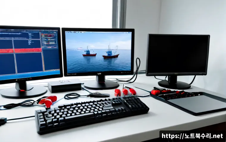 청호동 STATUS_INSTRUCTION_FAILED - Photorealistic IT support workstation in a compact coastal apartment near a Korean harbor district, ...