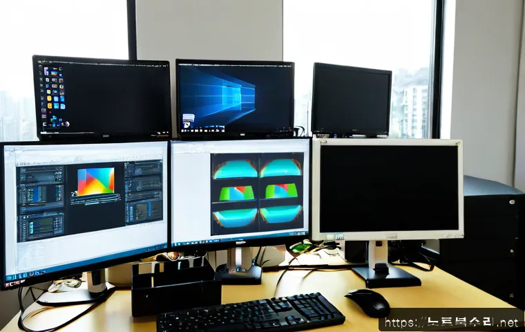 심곡동 STATUS_INVALID_THREAD - Photorealistic software engineer workstation in a compact Simok-dong office, dual monitors showing a...