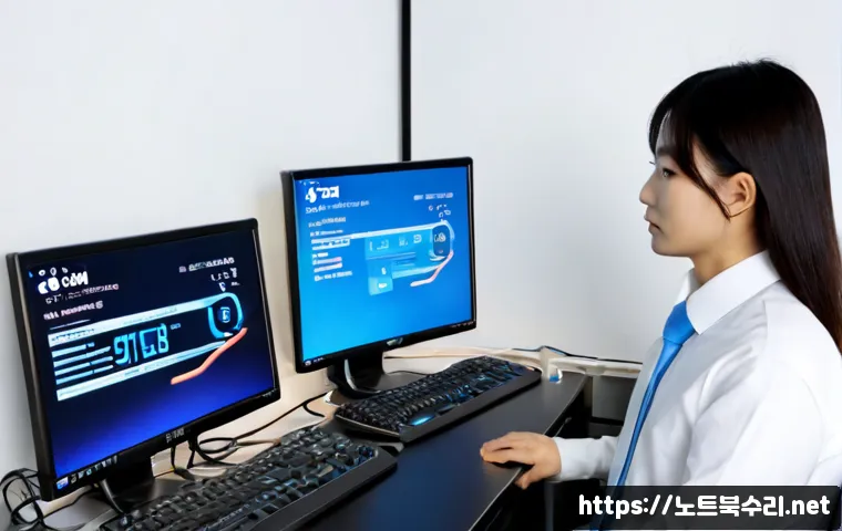 비산동 DRIVER_POWER_STATE_FAILURE - Photorealistic IT support workstation in a compact Bisan-dong office, dual monitors showing a blank ...