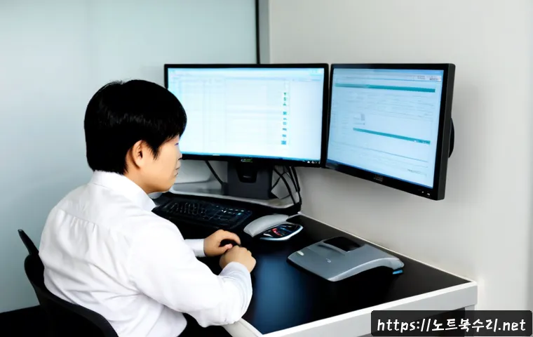 이의동 STATUS_MODULE_CORRUPTION - Photorealistic IT support workstation in a modern Gwanggyo office tower, dual monitors showing a cle...