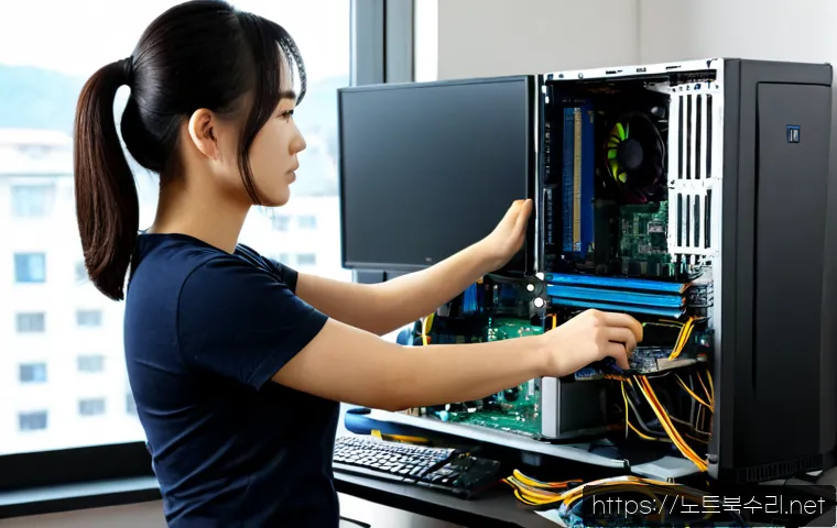 농서동 RAM조립 및 교체수리 - Photorealistic remote computer repair technician installing two RAM modules into an open desktop tow...
