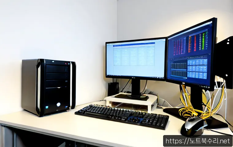 약대동 STATUS_KERNEL_MODULE_ACCESS_DENIED - Photorealistic IT support workstation in a compact apartment office, dual monitors showing abstract ...