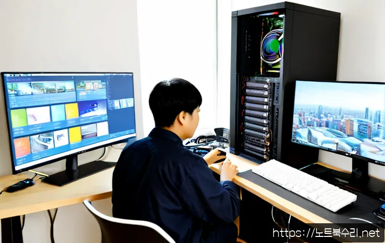 분당동 컴퓨터업그레이드 - Photorealistic PC upgrade workspace in a modern Bundang-dong apartment study, technician carefully i...