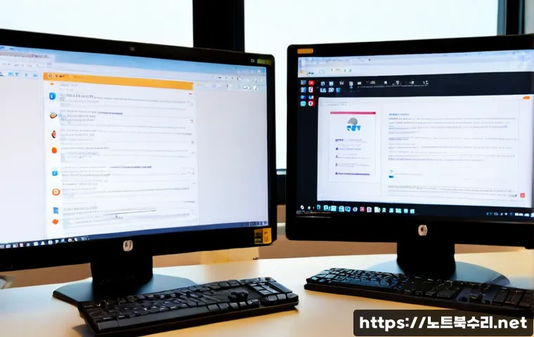 매화동 STATUS_PROTECTION_ERROR - Photorealistic IT support workstation in a modest Maehwa-dong office, dual monitors showing a generi...