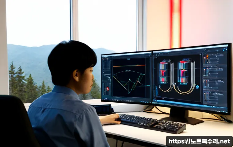 포천동 STATUS_KERNEL_DEBUG_FAILURE - Photorealistic technical workstation in a compact Pocheon office, dual monitors showing abstract 3D ...