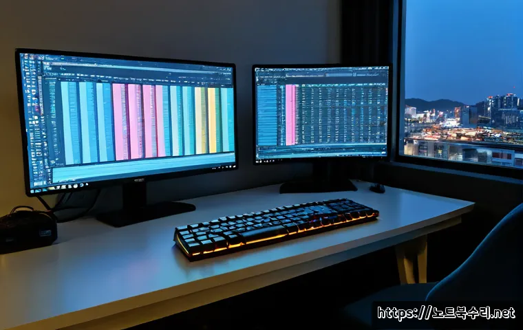 양재동 STATUS_STACK_UNDERFLOW - Photorealistic software engineer workstation in Yangjae-dong, Seoul, dual monitors showing abstract ...