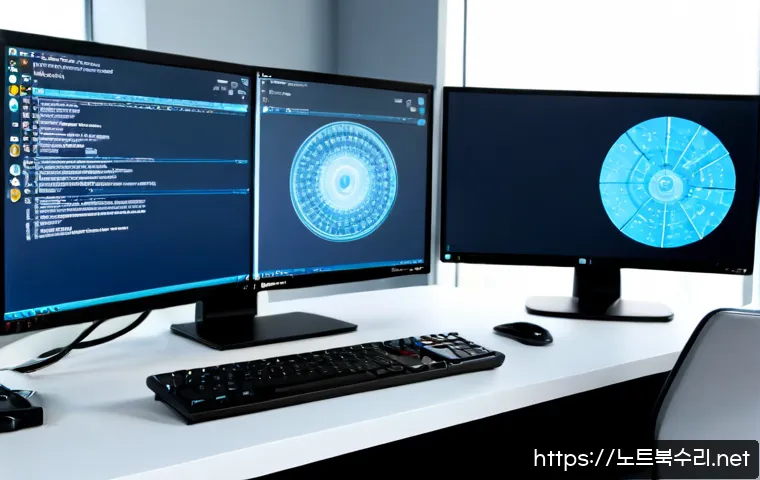 논곡동 STATUS_INVALID_LOCK_SEQUENCE - Photorealistic remote-support workstation in a compact Korean district office, dual monitors showing...