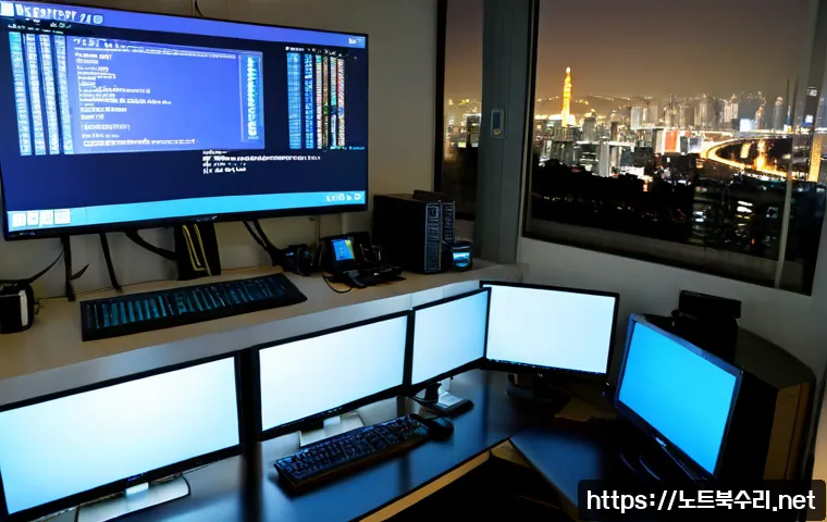 산본동 KERNEL_MODE_HEAP_CORRUPTION - Photorealistic IT support workstation in a high-rise apartment office near Sanbon, dual monitors sho...