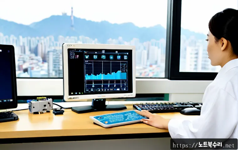 해곡동 THREAD_TERMINATION_PORT - Photorealistic remote-support workstation, a technician examining a compact industrial control devic...