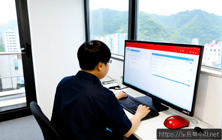 주암동 STATUS_MODULE_ACCESS_DENIED - Photorealistic IT support workstation in a compact Korean office, dual monitors showing a clean gene...