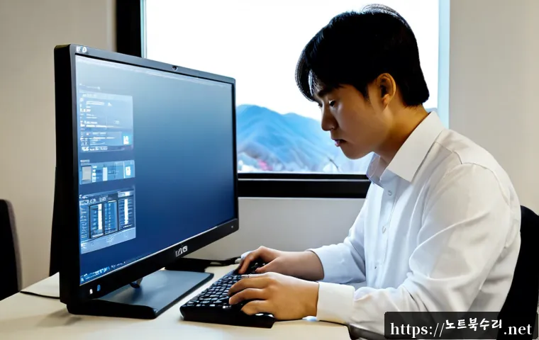 남산동 STATUS_DISK_READ_FAILURE - Photorealistic remote-support workstation in Namsan-dong, Seoul, a worried IT technician examining a...