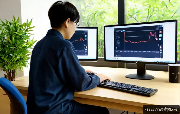 연남동 STATUS_IO_ERROR - Photorealistic remote-support workstation in a compact Yeonnam-dong studio, dual monitors showing a ...