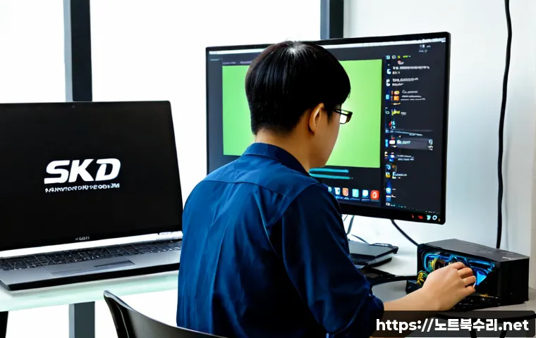 상도동 윈도우11 windows11 재설치 포맷 초기화 - Photorealistic remote IT support scene in a compact Sangdo-dong apartment workspace, technician usin...