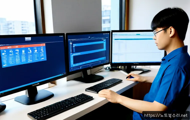 산북동 KERNEL_SECURITY_CHECK_FAILURE - Photorealistic remote IT support workstation in a compact Korean apartment office, dual monitors sho...
