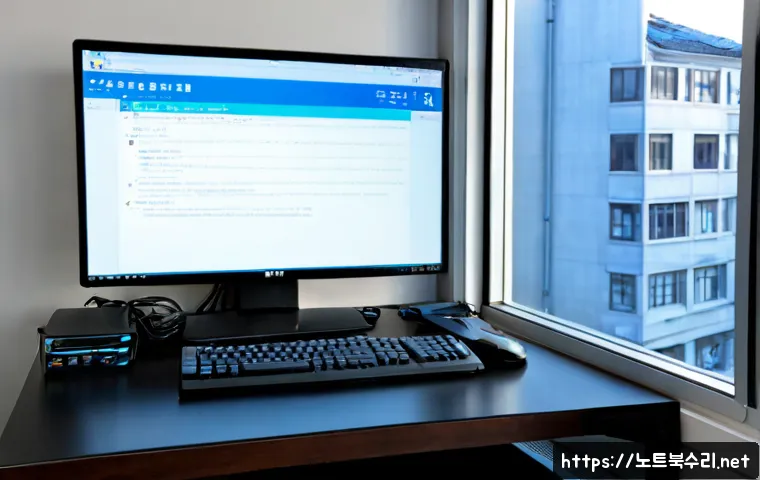 종로구 CRITICAL_PROCESS_DIED - Photorealistic IT support workstation in Jongno-gu, Seoul, dual monitors showing a blank blue system...