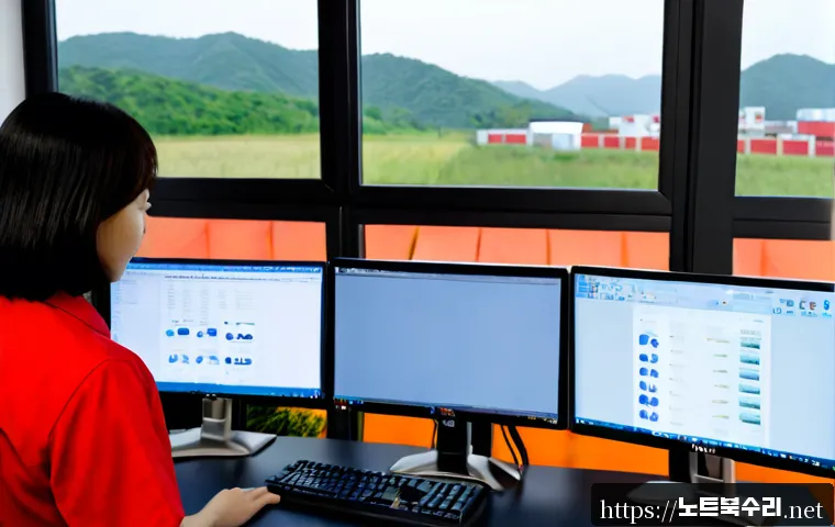 남사면 STATUS_MODULE_ACCESS_DENIED - Photorealistic remote-support workstation in a quiet South Korean industrial district, dual monitors...