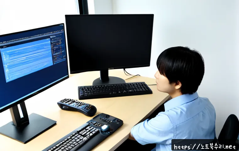 창우동 CRITICAL_PROCESS_DIED - Photorealistic remote IT support workstation in Changwoo-dong, Seoul, dual monitors showing a blank ...