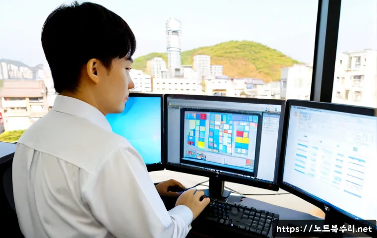 귤현동 STATUS_KERNEL_MODULE_CORRUPTION - Photorealistic IT support workstation in a compact Gyehyun-dong apartment office, dual monitors show...