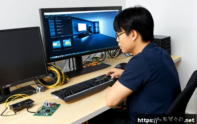포일동 워크스테이션출장방문수리점 - Photorealistic remote-support technician repairing a high-end dual-monitor workstation in a quiet Fo...