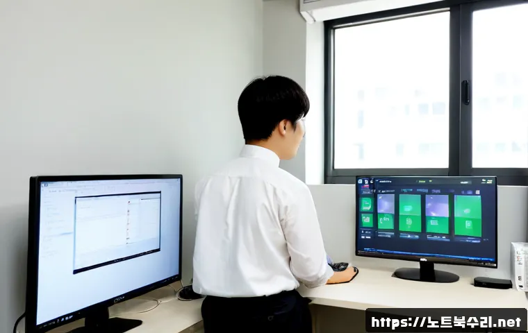 순화동 입력신호가 없습니다 - Photorealistic IT support workstation in a compact Sunhwa-dong office, dual monitors where one shows...