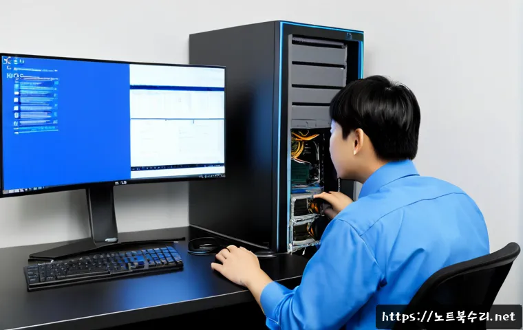 춘의동 STATUS_KERNEL_DRIVER_CORRUPTION - Photorealistic IT support workstation in a compact Chunui-dong design office, dual monitors showing ...