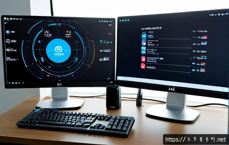 매화동 STATUS_SECURITY_POLICY_VIOLATION - Photorealistic cybersecurity analyst workstation in a compact Maehwa-dong office, dual monitors show...