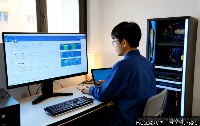 세류동 STATUS_IO_ERROR - Photorealistic IT support workstation in a compact Korean apartment office, ultrawide monitor showin...