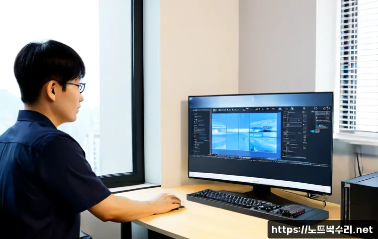 광희동 중고컴퓨터 pc 출장판매설치 - Photorealistic compact office in Gwanghui-dong, technician installing a refurbished desktop tower be...