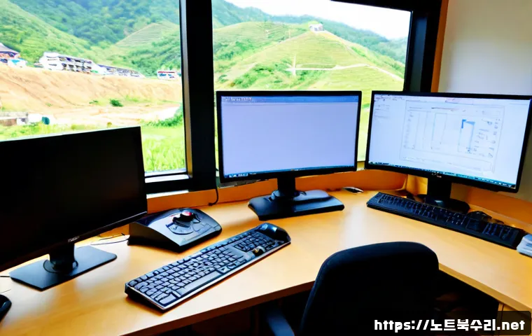 진건읍 STATUS_UNSUCCESSFUL - Photorealistic remote-support workstation in a quiet Korean township office, dual monitors showing a...